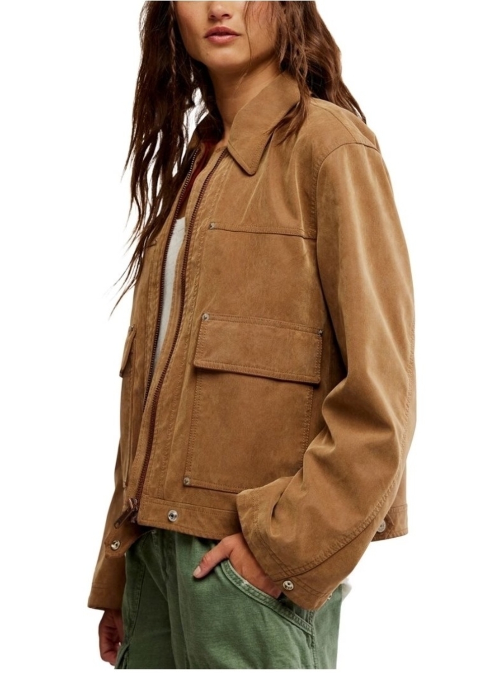 Free People Blair Vegan Suede Moto Trucker Shacket Cargo Utility Jacket Brown L - Picture 4 of 12